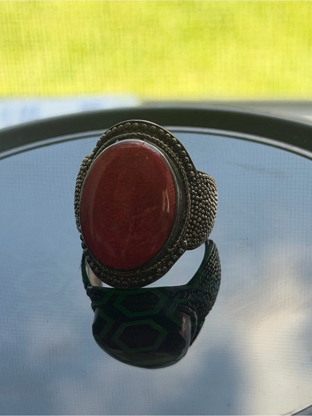 Sterling-Style Unisex Statement Ring with Red Stone and Green Inlay